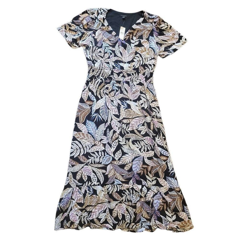 NWT Ann Taylor Dress Women's Large Leaf Print Botanical Short Sleeve Maxi Modest
